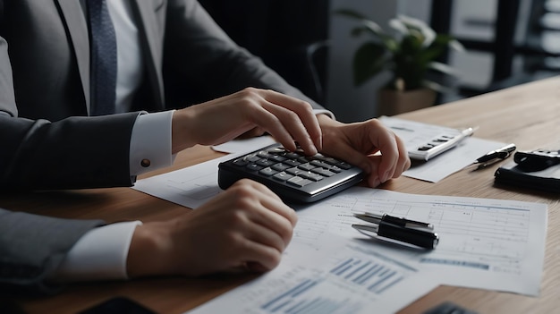 Cropped view of professional serious finance manager holding calculator in handschecking company