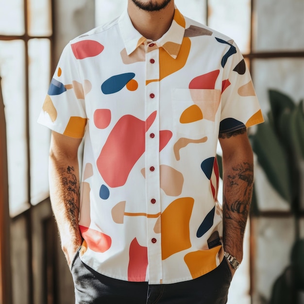 Photo cropped view of tattooed man in stylish shirt standing in room