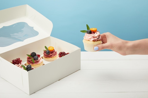 Cropped view of woman holding sweet cupcake isolated on blue