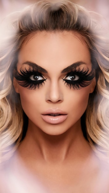 Cropped woman face with eye long false eyelashes close up