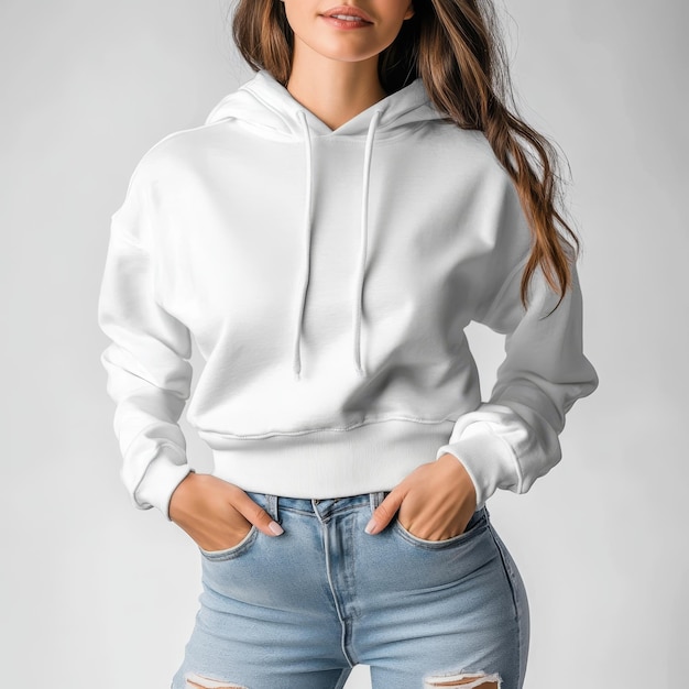 Photo cropped womens hoodie mockup on a white background with casual styling and front pockets