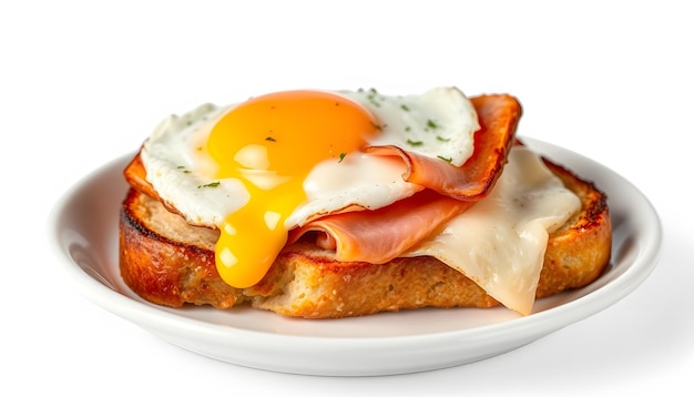 Photo croque madame toast topped with drycured ham grilled cheese and a fried egg isolated with white