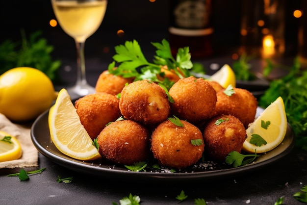 Croquettes garnished with fresh parsley and a le