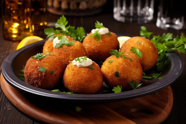 Croquettes garnished with fresh parsley and a le