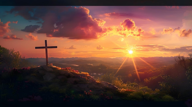 Cross atop hill framed by breathtaking sunset colors