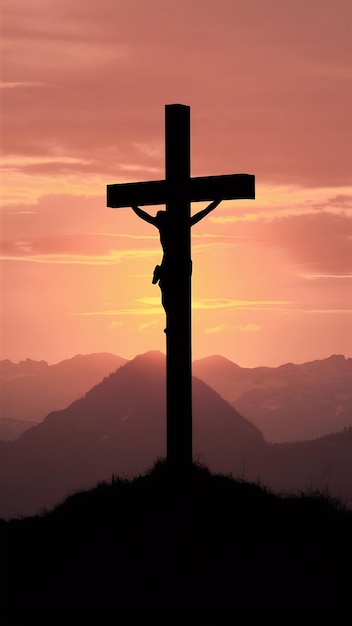 Photo cross in a beautiful sunset over the mountn catholic christianity