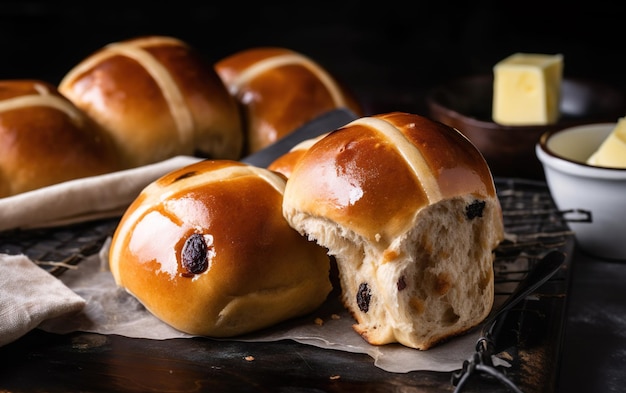 A cross bun with a bite taken out of it