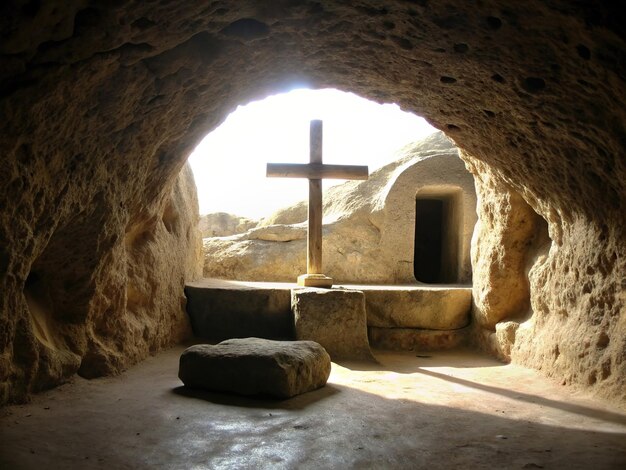 a cross in a cave with a light shining through it