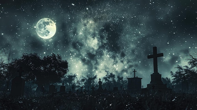 Cross in a cemetery on an ominous moonlit night