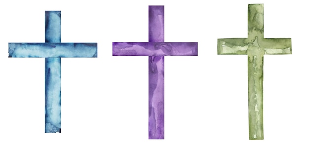 Cross Clipart Watercolor Christian blue violet and green cross set Baptism Cross Religious