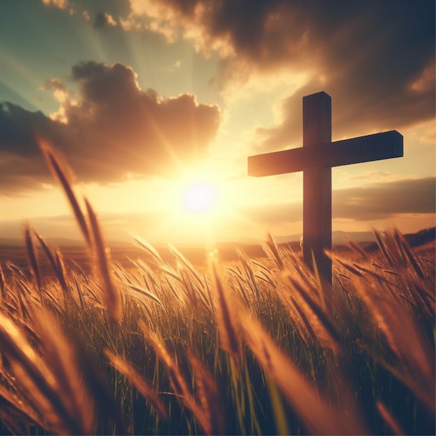 A cross in a field of grass with the sun shining through it