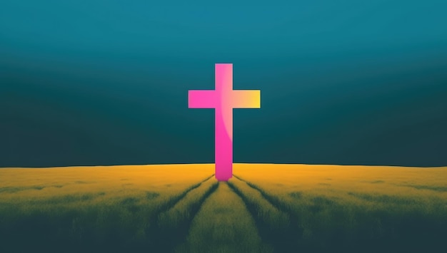 A cross in a field with a blue background and the word jesus on it.