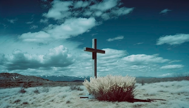 A cross in a field with mountains in the background