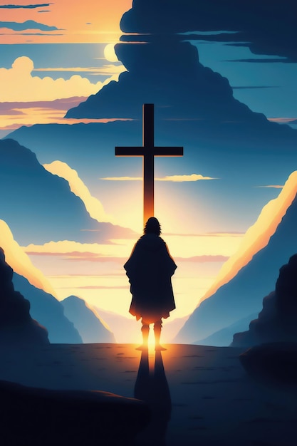 A cross in front of a mountain with the sun shining on it