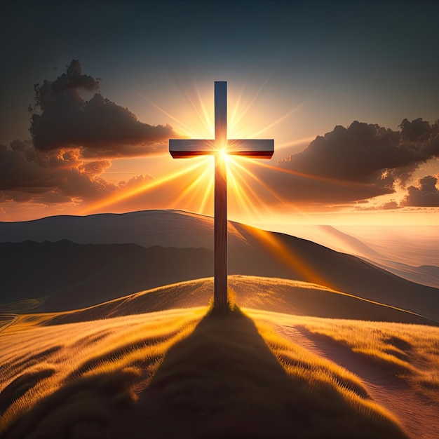 The cross of God in the rays of the sun Cross on the hill Religious concept