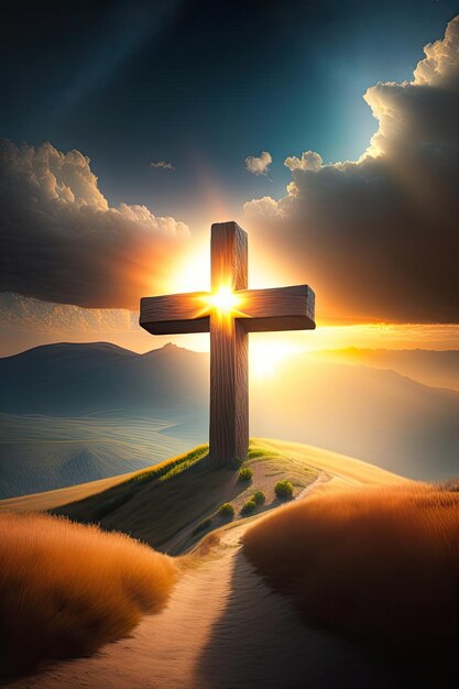 The cross of God in the rays of the sun Cross on the hill Religious concept