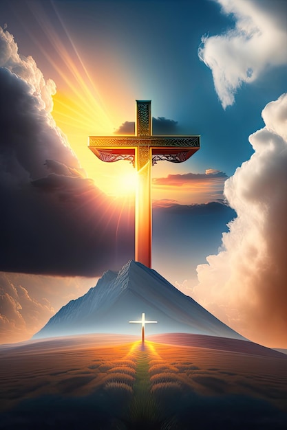 The cross of God in the rays of the sun Cross on the hill Religious concept