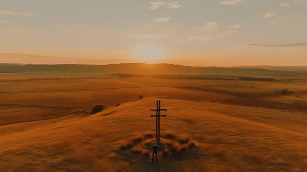 A cross on a hill at sunset