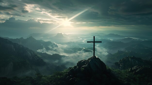 A cross on a hill with a backdrop of mountains and afternoon sunlight the concept of faith