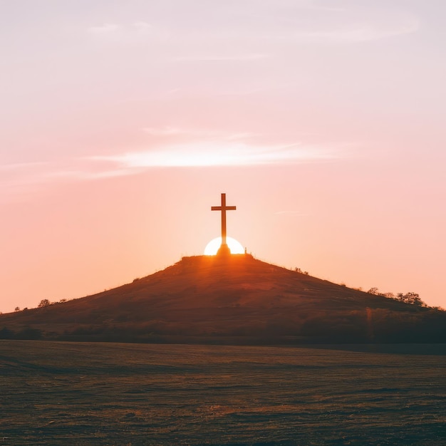 Photo a cross on a hill with the sun behind it