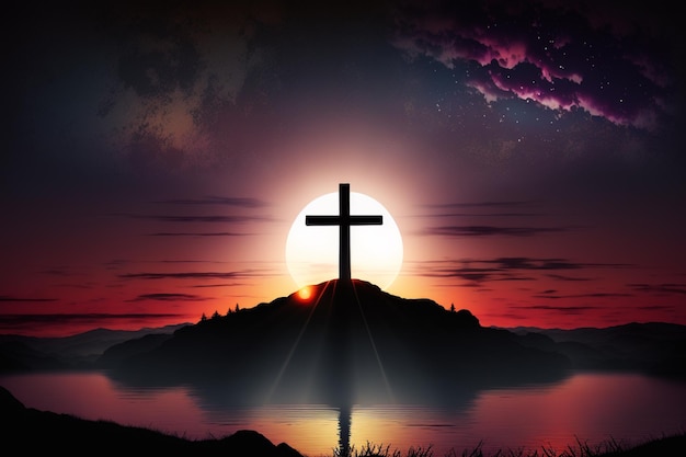 A cross on a hill with the sun behind it