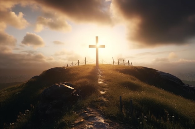 A cross on a hill with the sun behind it