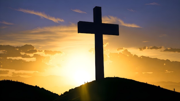 A cross on a hill with the sun setting behind it