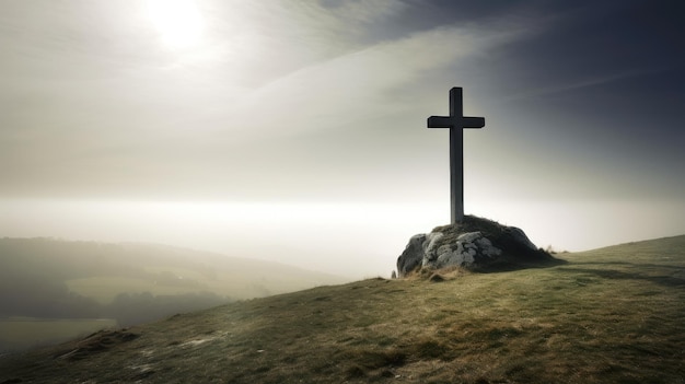 A cross on a hill with the sun shining on it