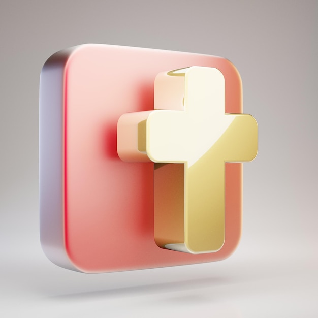 Cross icon. Golden Cross symbol on red matte gold plate. 3D rendered Social Media Icon.