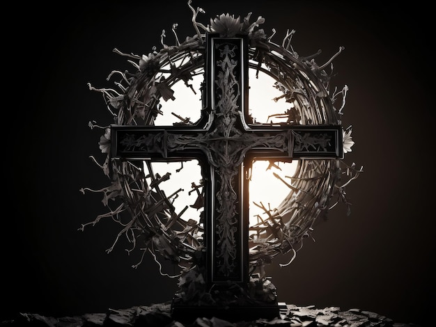 A cross is in front of a light that is behind a ring of thorns.