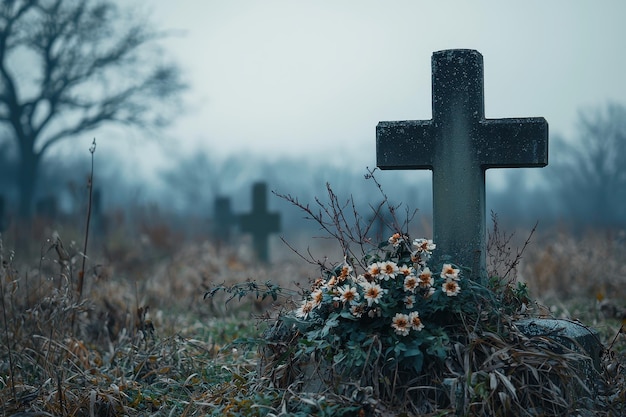 A cross is on a grave site with flowers somber and peaceful