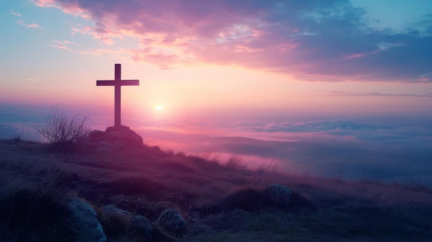 A cross is on a hillside with a beautiful sunset in the background