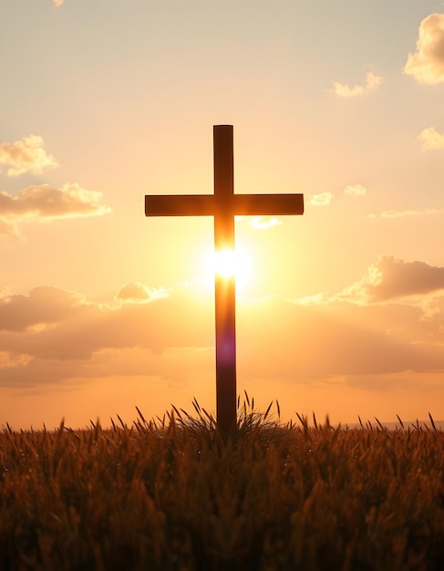 A cross is lit up by the sun in a field The sun is setting and the sky is filled with clouds