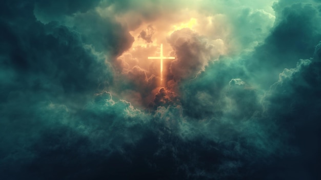 A cross is lit up in the sky above a stormy sky