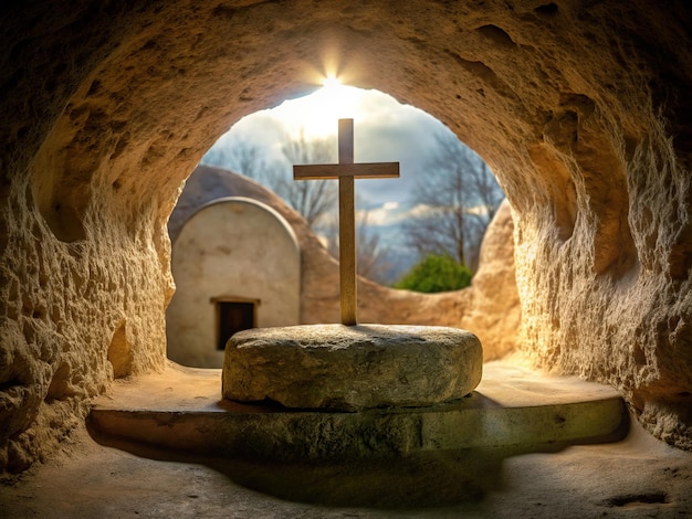 a cross is placed in a stone structure with a cross on it