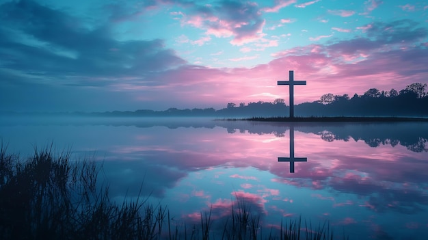 A cross is reflected in the water with the sky in the background