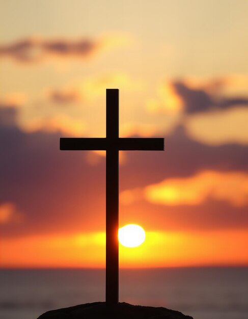 a cross is silhouetted against a sunset sky