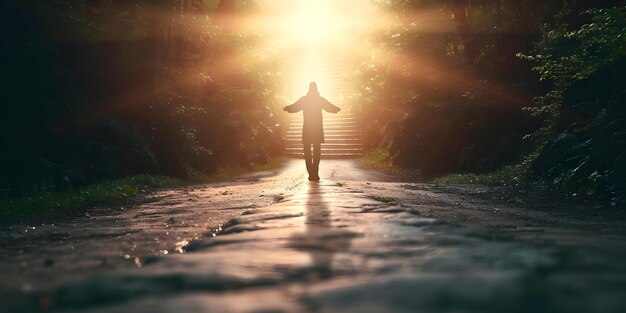 Photo cross of jesus christ in a wilderness with heavenly stairway in the background concept religious art cross symbolism heavenly vision wilderness setting spiritual significance