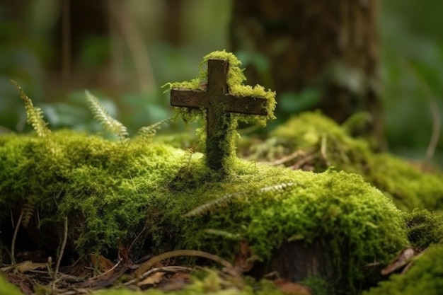 Cross moss forest grave Travel nature Generate Ai