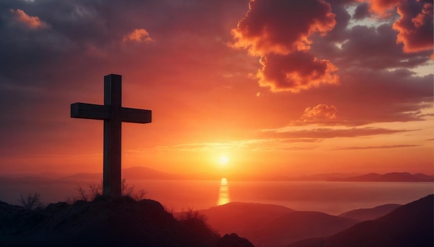 Photo a cross on a mountain with the sun setting behind it