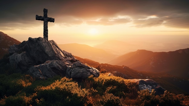 A cross on a mountain with the sun setting behind it