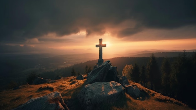 A cross on a mountain with the sun setting behind it