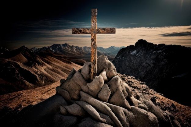 A cross on a mountain with the sun shining on it