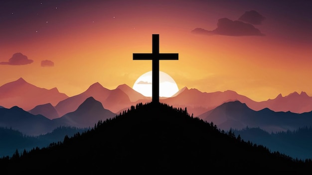 a cross on a mountain with a sunset in the background