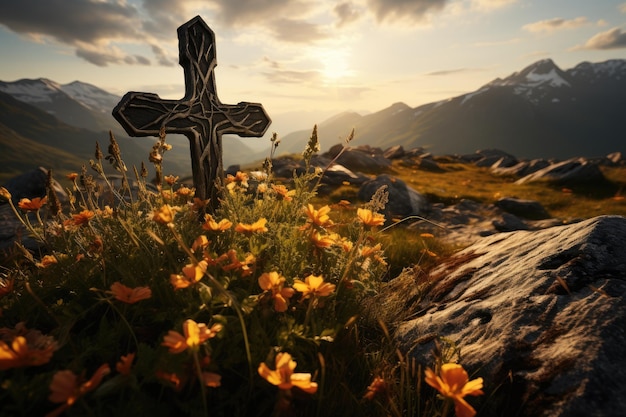 Cross at peak symbolizes faith and overcoming at dusk generative IA