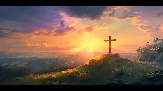 Cross perched on hill bathed in warm setting sun39s glow