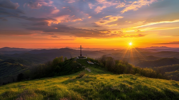 Cross perched on hill glowing in setting sun39s warmth