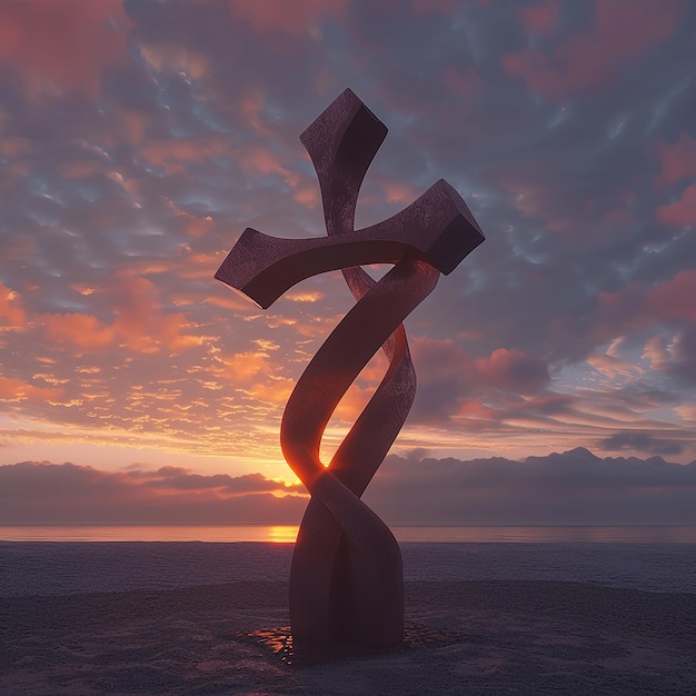 Photo a cross on a rock with flowers in the foreground and a sunset in the background