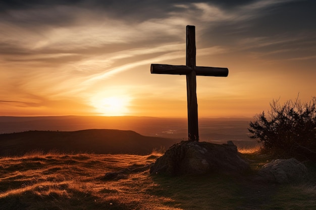 Cross silhouette in nature over sunset