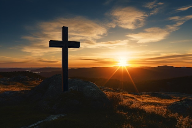 Cross silhouette in nature over sunset